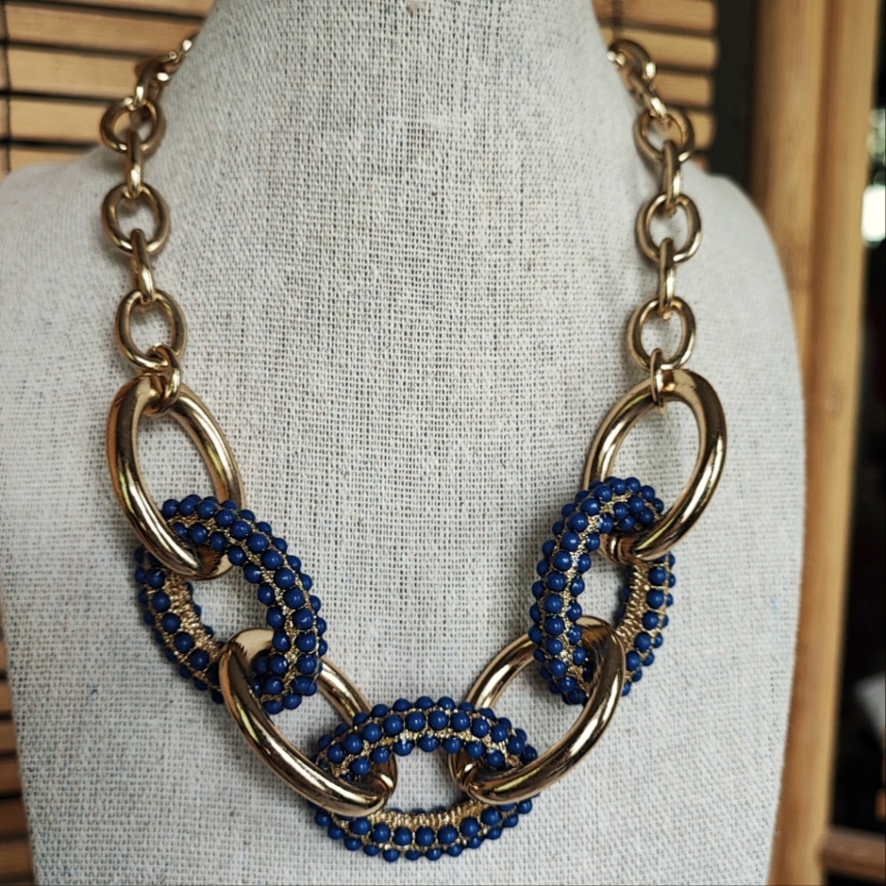 Banana Republic BR Small Navy Blue Micro Cabochon Link Chain Necklace Gold Tone